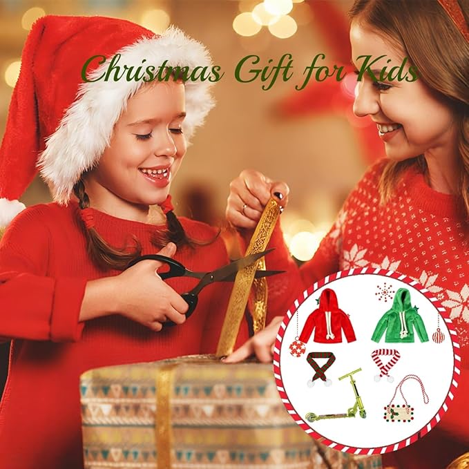 6Pcs Christmas Elf Doll Accessories Set for Boys and Girls Elf Clothes Outfit with Sweatshirt,Scarves,Wooden Swing, Novelty Fun Christmas Elf Accessory for Kids Doll Xmas Decorations