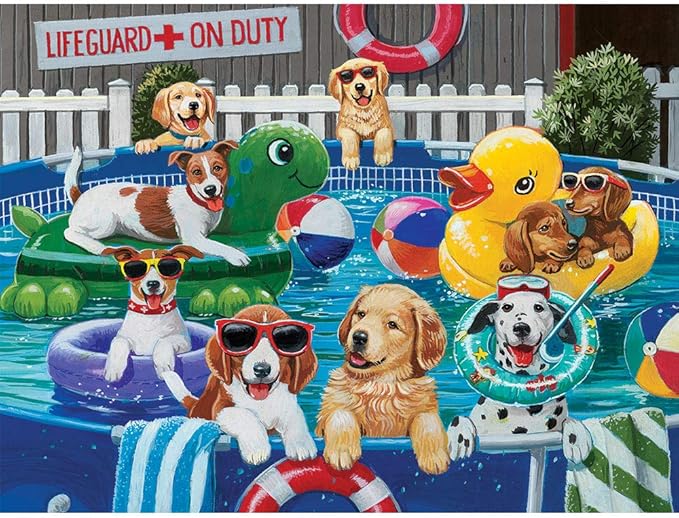 Bits and Pieces – 500 Piece Jigsaw Puzzle for Adults – Puppy Pool Party - Summer Swimming Dog Jigsaw Puzzle by Artist William Vanderdasson, Completed Puzzle Size: 18" x 24"