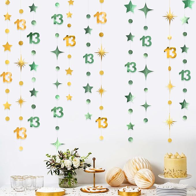 Sage Green Gold 13th Birthday Decorations Number 13 Circle Dot Twinkle Star Garland Glitter Hanging Streamer Banner Backdrop Girls Boys Cheers to 13 Years Old Birthday Official Teenager Party Supplies