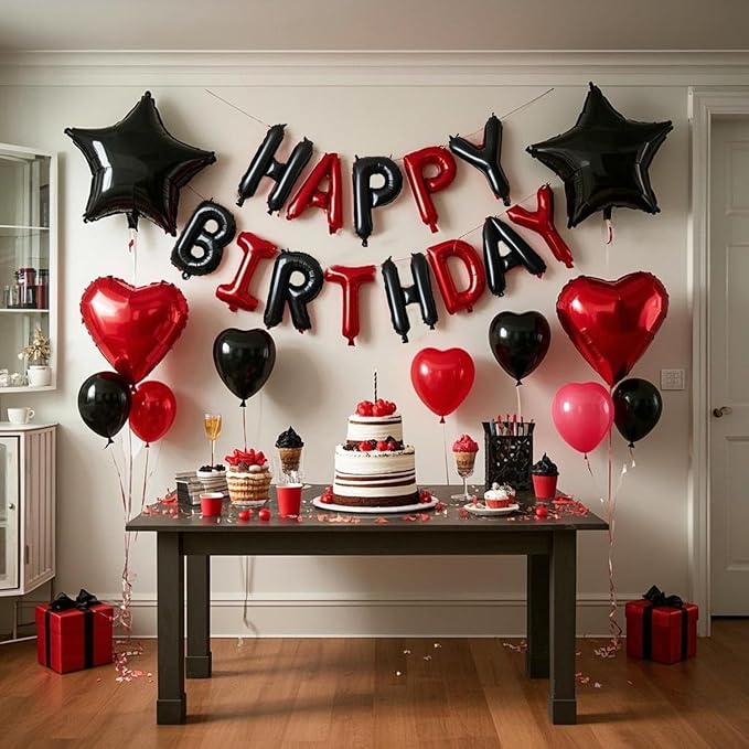27 Pcs Black Red Birthday Decorations, 3D Letters Black Red Happy Birthday Balloon Banner, Pentagram Heart Foil Balloons Confetti Balloons Kit For Boys Girls Party Supplies