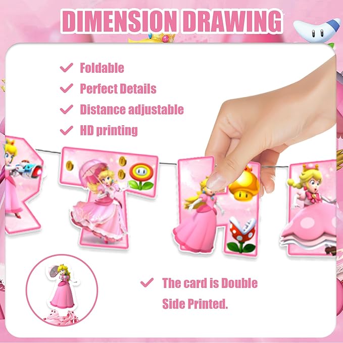42pcs Princess Peach Birthday Party Supplies Pack Includes，Banner，Cake Topper，Blackdrop,Balloons for Princess Peach party supplies