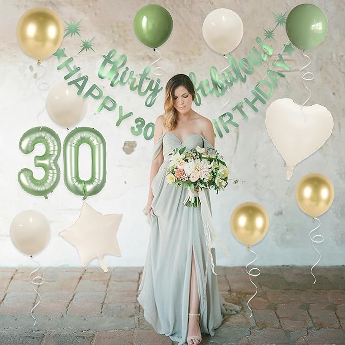 Sage Green Thirty & Fabulous Happy 30th Birthday Banner Garland Foil Balloon 30 for Womens 30th Birthday Decorations 30 and Fabulous Cheers to 30 Years Old Dirty Thirty Party Decor Supplies Backdrop