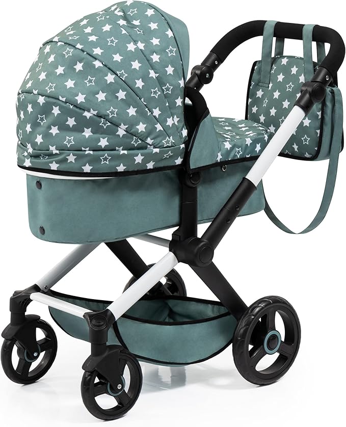 Bayer: Pram Xeo: Stars Green & White - Matching Handbag, Adjustable Handle, Dolls Up to 20", Ages 3+ | Baby Dolls | Dress Up