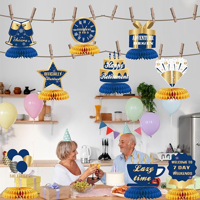 9Pcs Happy Retirement Decorations Table Honeycomb Centerpieces Party Supplies Blue Gold Retirement Adventure Awaits Sign for Men Retired Decor Goodbye Retirement Signs