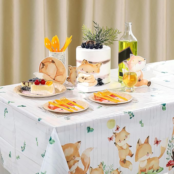 Oudain 3 Pcs Woodland Animals Plastic Tablecloth Forest Wild Creatures Baby Shower Table Covers for Woodland Themed Birthday Table Decoration Neutral Gender Reveal Decor Supplies 51 x 86.6 Inch