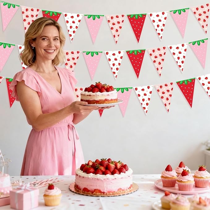 Jetec 5 Pcs 49 Ft Strawberry Decorations Strawberry Pennant Banner Pre-Assembled Berry Sweet Triangle Flag Bunting Garland for Berry First Birthday Party Baby Shower Theme Decor Supplies