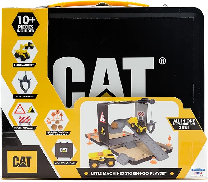 CAT Construction Toys, Store N Go Playset - Tin Travel Case Transforms into Multi-Level Worksite, Includes 2 Little Machines Vehicles & 10 + Accessories, Portable STEM Toy for Kids Ages 3 +
