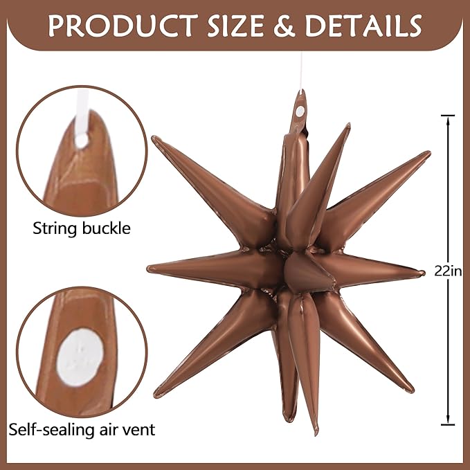 TONIFUL 4 Pcs 22inch 4D Chocolate Explosion Star Mylar Brown Balloons for Party Backdrop Christmas,New Year,Thanksgiving, Birthday, Wedding Baby Shower Anniversary Photo Booth Supplies
