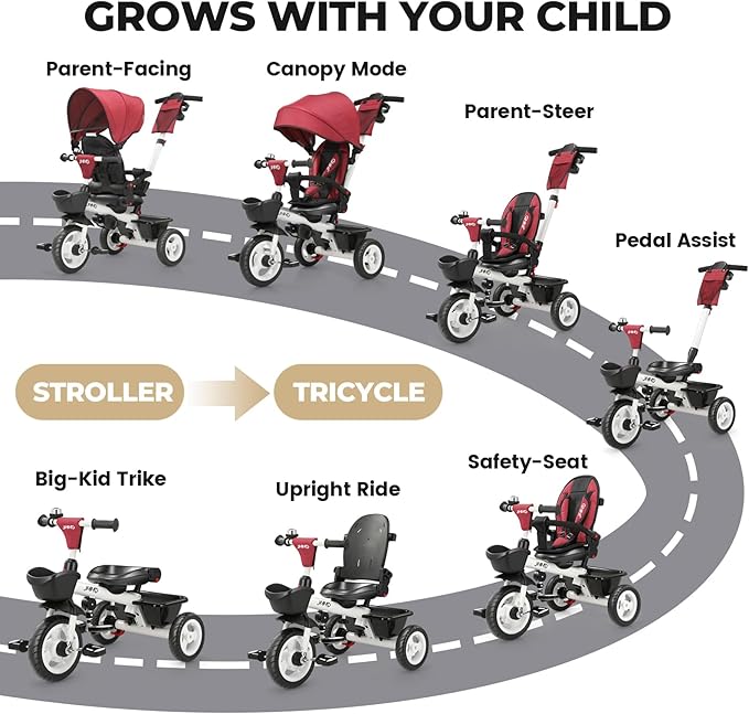 JMMD 7 in 1 Tricycle Stroller with Push Handle, Baby Trike with 360° Swivel Seat, Reclining Backrest, All-Terrain Wheels, Dual Brakes, Canopy & Storage, Gift for Kids 18 Months to 5 Years, Red