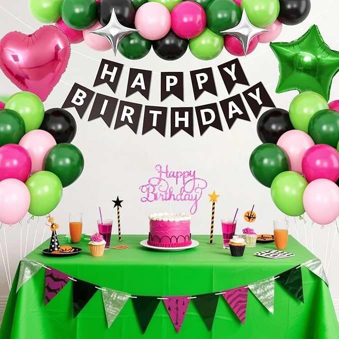 Black Green Pink Birthday Decorations,Hot Pink Green Party Balloons Banner Star Heart Foil Balloon Girls Boys Baby Shower Supplies