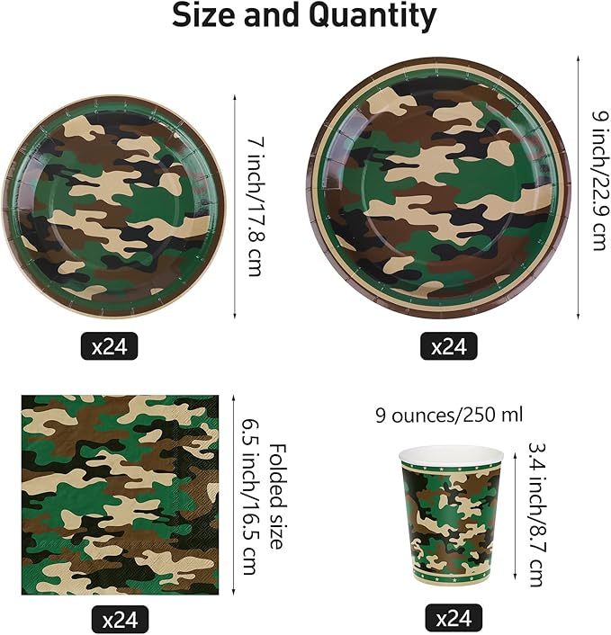 durony 96 Pieces Camouflage Themed Party Supplies Serve 24 Include Dinner Paper Plates Luncheon Napkins Party Cups for Camouflages Hunting Army Military Civil War Party Decorations