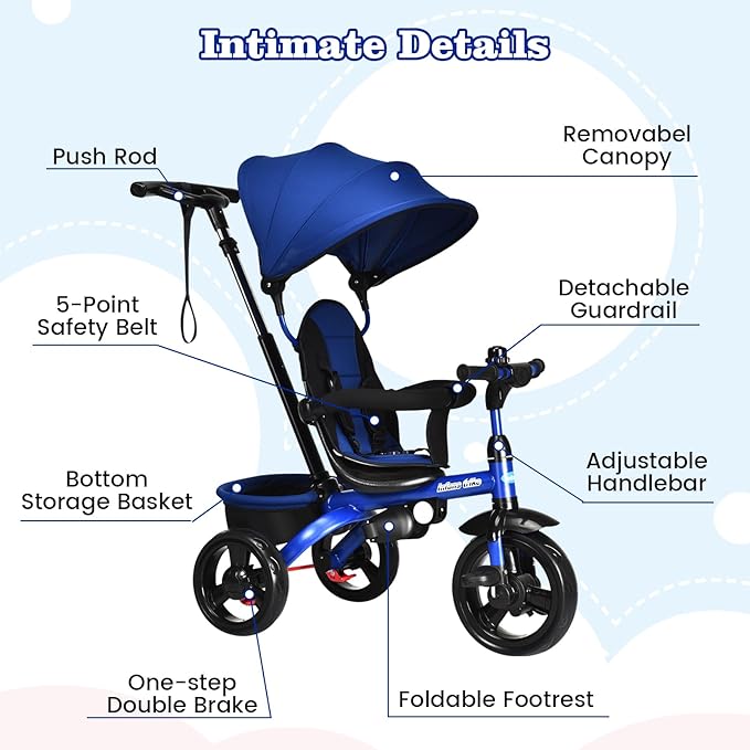 INFANS Kids Tricycle, 6 in 1 Stroll Trike with Adjustable Push Handle, Removable Canopy, Retractable Foot Plate, Lockable Pedal, Detachable Guardrail, Suitable for 10 Months to 5 Years (Blue)