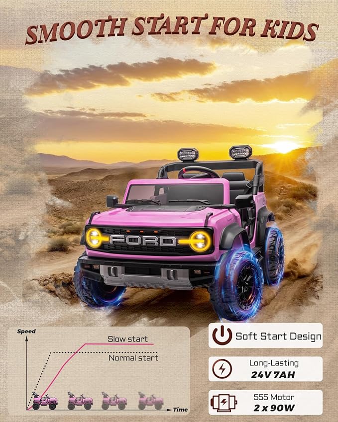 First Ride On 24V Ride on Toys for Big Kids, Licensed Ford Bronco Raptor 2 Seater Ride on Cars with Remote Control, Ride on Truck w/ 4-Wheeler Suspension, 3 Speeds, Led Lights, Bluetooth (24V, Pink) | First Ride On, 24V, for Big Kids, 2 Seater, with Re...