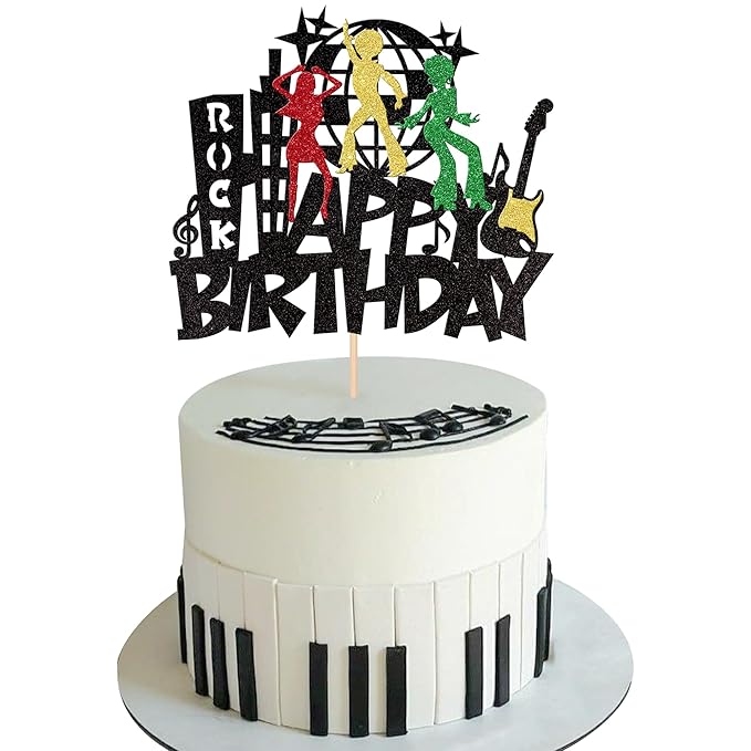 1 PCS Rock Happy Birthday Cake Topper Glitter Guitar Music Disco Ball Cake Pick 70's Disco Dancing Rock and Roll Cake Decoration for Rock Band Music Concert Theme Birthday Party Decorations Supplies