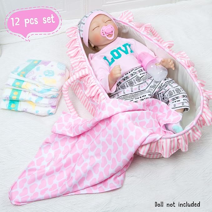 PEDOLLTREE 12 Pcs Reborn Baby Dolls Clothes Girl Outfit Accessories for 17-22 Inch Reborn Doll Newborn Girl with Pink Love Heart Bassinet