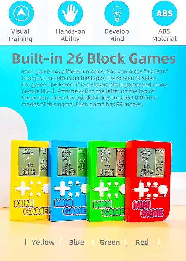 JXD Mini Puzzle Block Game Console Built-in 26 Retro Brick Games Travel/Indoor/Outdoor Leisure Handheld Game Console Portable Electronic Games Children/Students/Teens Toys (Green)