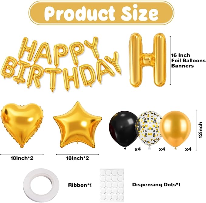 29PC Gold Happy Birthday Balloon Banner, 16 Inch 3D Aluminum Letter Banner Sign, Confetti Black Gold Metallic Balloons 18 Inch Star Heart Foil Balloons for Women, Men Party Decorations