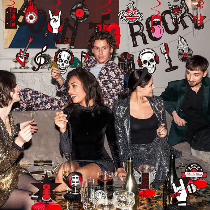 LARRAZABAL Rock and Roll Party Decorations Include Born to Rock Glitter Banner, Rock and Roll Hanging Swirls and Honeycomb Centerpieces for Birthday Baby Shower Party Supplies