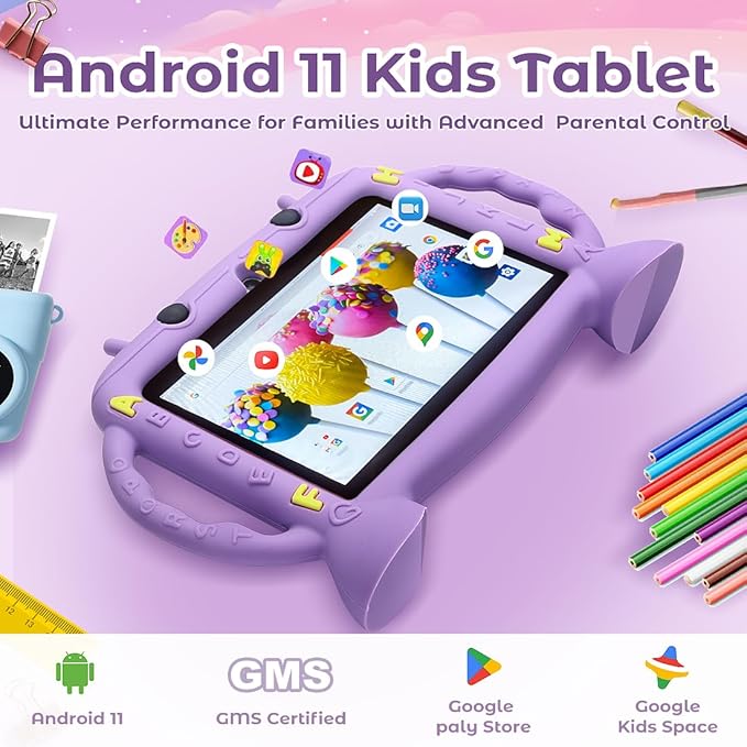 Kids Tablet, 7 inch Tablet for Kids 2-10, Educational Learning Toddler Tablet Android 11, 3GB RAM+32GB ROM Storage, Google Play YouTube, Baby Girl boy Present（Purple）