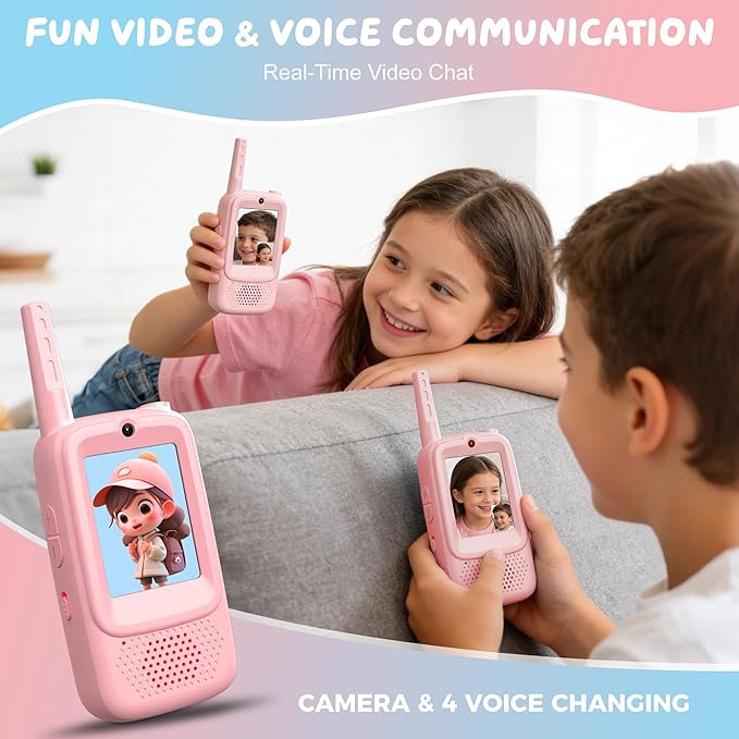Video Walkie Talkies for Kids, 2 Pack Rechargeable Walkie Talkies with Screen, Long Range 2 Way Radio with 4 Voice Effects, Christmas Birthday Gifts for Age 3-12 Boys Girls Indoor/Outdoor/Camping