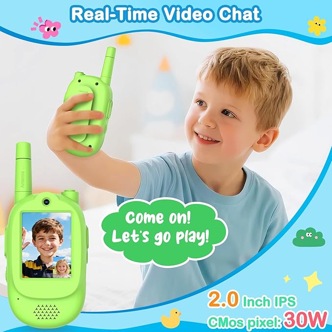 Video Walkie Talkies for Kids, 2 Pack Rechargeable Real-Time Video Chat & Voice Changer Walkies Talkies with Watch Straps, Long Range Family Games, Outside, Gifts for Boys Girls Ages 3-12 Green