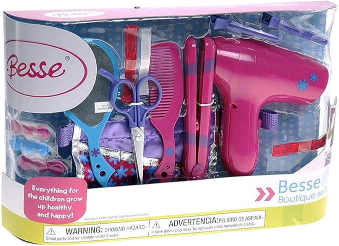 Beauty Hair Stylist Set - Boutique Beauty Salon Fashion Pretend Play Set for Girls with Toy Blow Dryer, Curler, Scissors, Comb, Mirror & Other Styling Tools