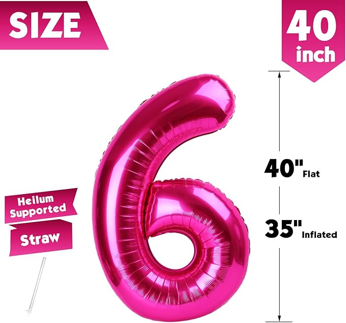 40 Inch Hot Pink Number 6 Balloon, Giant 6 Number Balloons for 6th Birthday Decorations, Party Supplies for Baby Boy Girl, Hot Pink Party Decor