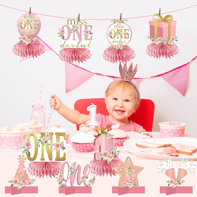 10Pcs Miss Onederful Birthday Decorations Honeycomb Centerpieces for Baby Girls, Pink Rose Gold 1st Birthday Table Centerpiece Party Supplies, Floral First Birthday Table Topper Sign Decor