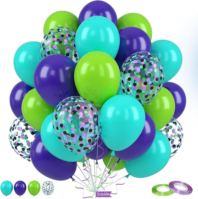 Green Purple Teal Balloons, 50Pcs 12 Inch Fruit Green Purple Teal Blue Confetti Birthday Balloons for Kids Boy Cartoon Theme Birthday Cartoon Party Baby Shower Decorations