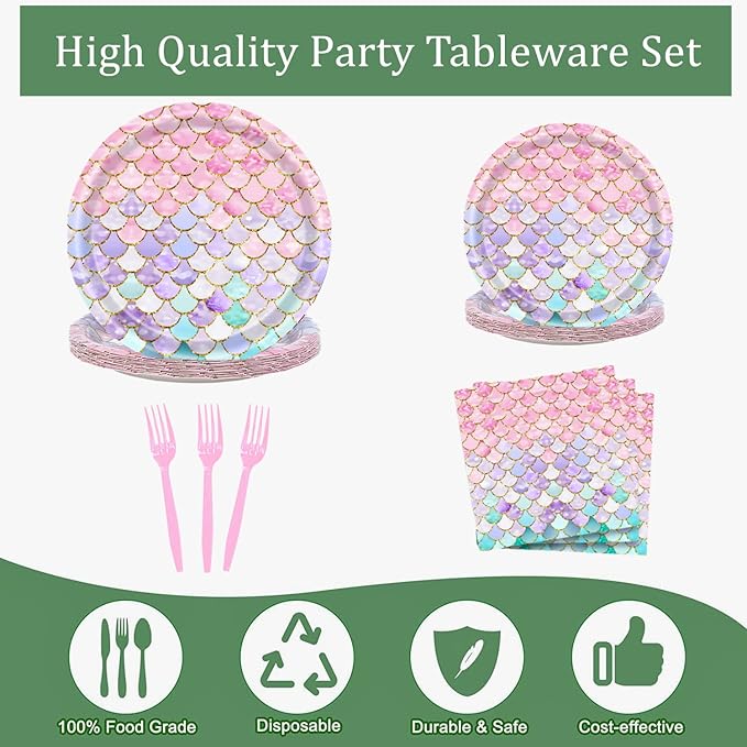 96 Pcs Mermaid Birthday Party Decorations Plates Set for 24 Guests,Little Mermaid Party Supplies Ocean under the Sea Tableware Plate, Fork, Napkins for Princess Girls Baby Shower