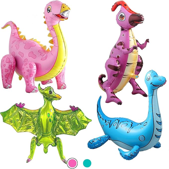 4Pack Giant 3D Dinosaur Balloons for Birthday Party Decorations, Cute Self Standing 3D Dino Aluminium Foil Balloons, Inflatable Animal Balloons for Party Supplies