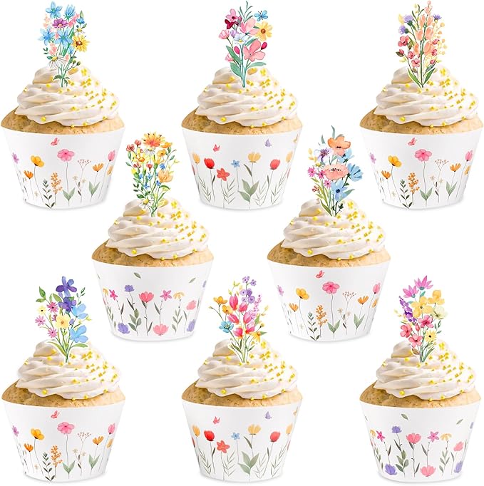 48 Pack Summer Wildflower Cupcake Toppers and Wrappers, Flower Birthday Cake Decoration for Wildflower Theme Birthday Party Baby Shower Party Supplies