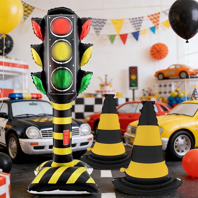 3Pcs 62Inch Self Standing Traffic light Balloons, Giant Racing Traffic Cones Mylar Balloon Racing Traffic Decoration for birthday boy Baby Shower race track Back to School party Decor Supplies