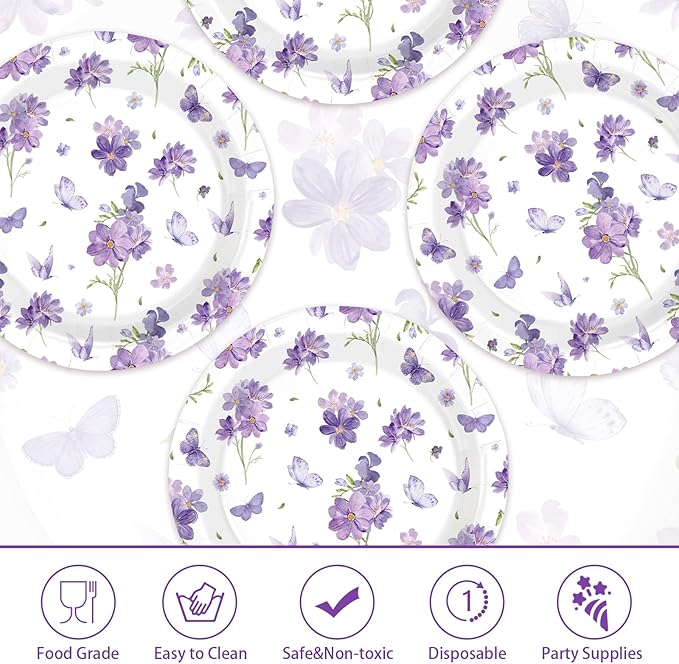 50Pcs Purple Floral Party Decorations 9" Purple Wildflowers Paper Plates Disposable Butterfly Themed Platter for Spring Flower Weddings Birthdays Baby Shower Party Supplies