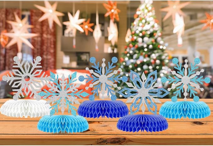 9Pcs Winter Wonderland Decorations 3D Snowflake Honeycomb Table Centerpieces for Frozen Winter Blue White Theme Christmas Baby Shower Birthday Party Supplies (Snowflake)