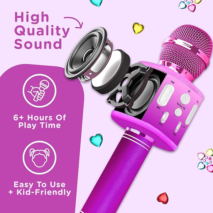 Move2Play, Kids Karaoke Microphone | Includes Stickers & Bluetooth | Kids Birthday Gift | Toy for All Ages 2, 3, 4, 5, 6+ Year Old Girls, Boys & Toddlers (Pink/Purple)