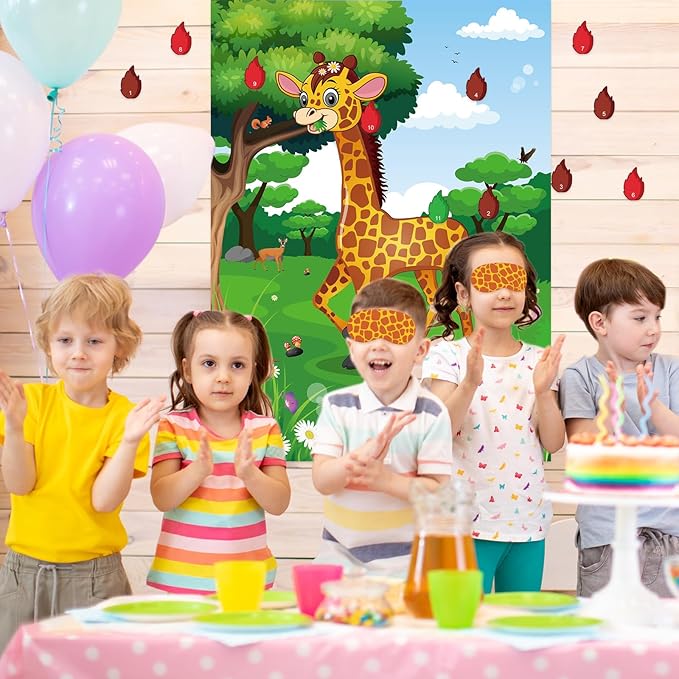 PLULON Pin The Tail on The Giraffe Party Game, Birthday Games Big Giraffe Poster with Tail Stickers for Zoo Animal Party Favors Wall Decorations Birthday Activities Jungle Party Supplies