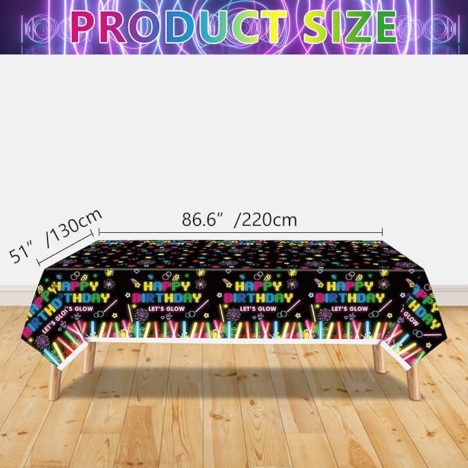 4 Pack Neon Glow Party Table Covers - 51x86 Inch Tablecloths, Glow in The Dark for Birthday Parties, Black Light Compatible