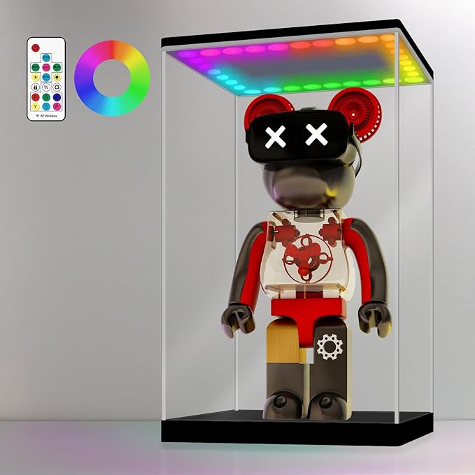 LANSCOERY RGB Lighted Acrylic Display Case, Dustproof Showcase Box with UV Protection for Figures, Collectibles, Toys - 9.8x9.8x13.8inch