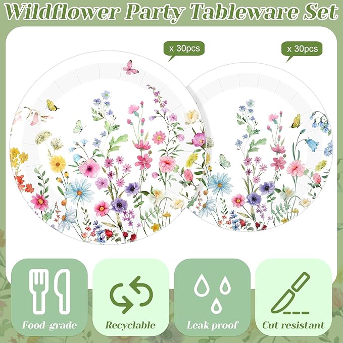 60 Pcs Wildflower Paper Plates 9 in and 7 in Spring Floral Disposable Party Plates Wildflower Butterfly Dessert Tableware for Wedding Baby Shower Birthday Tea Party Table Decor Supplies