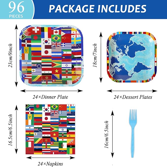 gisgfim 96 Pcs International World Flags Plates and Napkins Party Supplies Travel Trip Around the Globe Tableware Set Retirement Party Decorations Favors for Birthday Baby Shower Serves 24