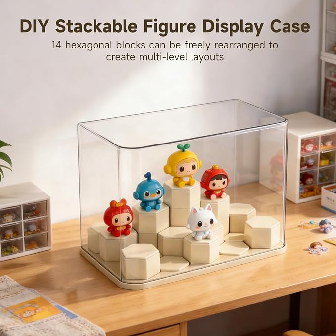 DIY Stackable Figure Display Case, Acrylic Display Box with 14 Movable Hexagonal Blocks, Large Dustproof Showcase Box, Clear Display Cabinet for Collectibles Action Figures Miniatures