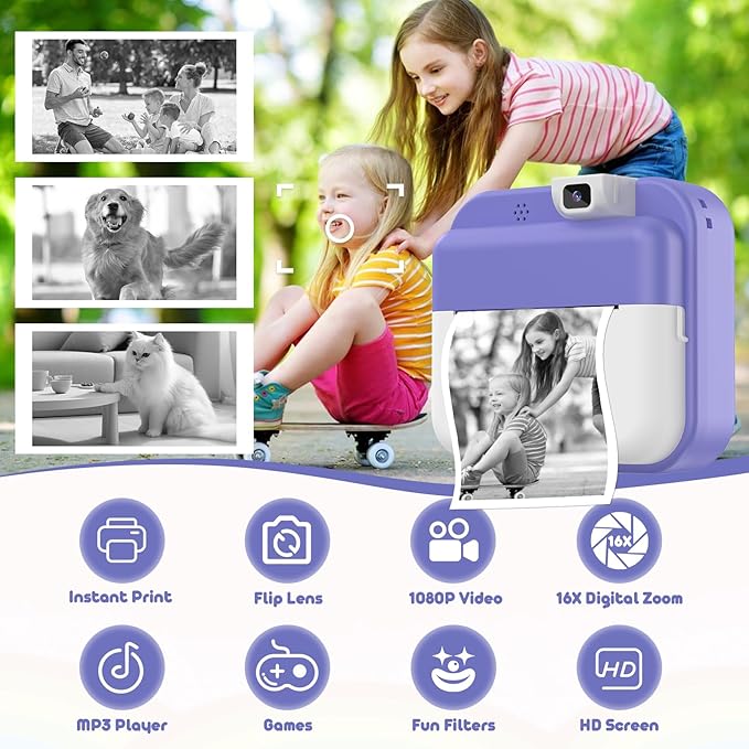 Kids Camera Instant Print with Dual Lens, Digital Camera Print Photos for Toddlers, 1080P HD Video Recorder, Selfie Camcord, Fun Frames & Filters, Travel Birthday Gift for Girls Boys 4-10 Years