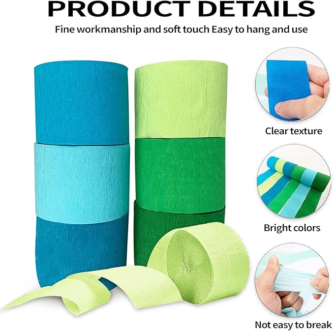 Crepe Paper Streamers 6 Rolls 492ft，Green and Blue Party Decorations Streamers (1.8 Inch x 82 Ft/Roll)，for Birthday Decorations, Wedding Decorations Ocean Themed Party Decoration