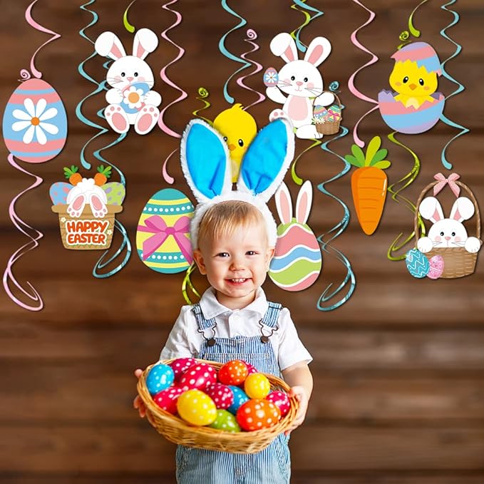 Easter Hanging Swirl Decorations 26pcs, Easter Decoration Egg Bunny Foil Swirl Ceiling Decor for Home Office School, Easter Party Ornaments Favor Supplies for Spring Party Birthday