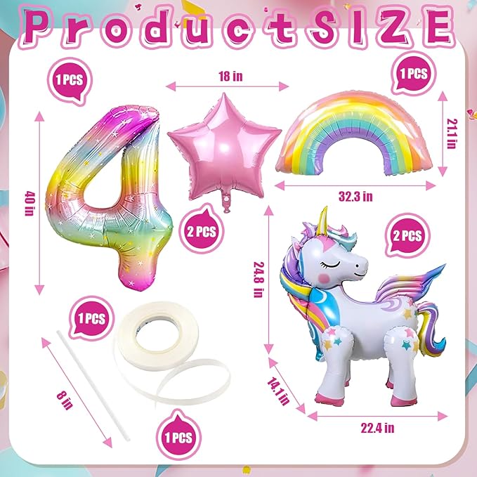 6PCS Self Standing Unicorn Balloons, Unicorn Balloon, Large Rainbow Balloon, Colorful Number 4 and Star Balloons for Girl 4th Birthday Party Decorations Supplies.(4th)