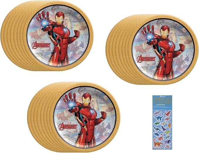 Iron Man Birthday Party Supplies Bundle includes 24 Dessert Cake Paper Plates 7" and 1 Dinosaur Sticker Sheet