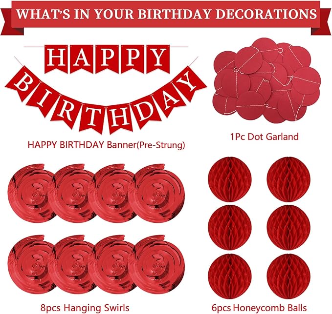 Red Birthday Decorations Kit - 16-Piece Set with Pre-Strung Happy Birthday Banner, Honeycomb Balls, Garland & Swirls | Red Theme Party Supplies for Women Girls Kids, Teens Adults
