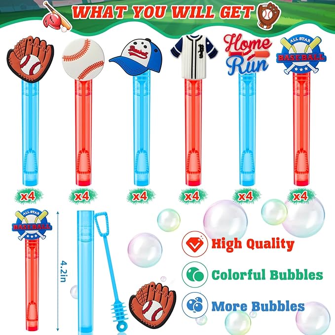 Winrayk Baseball Party Favors, 24Pcs Baseball Themed Mini Bubble Wands for Kids Bubbles Bulk with Detachable Topper (6 Styles), Birthday Gift Classroom Prizes Girl Boys Sports Goody Bag Stuffer Supply