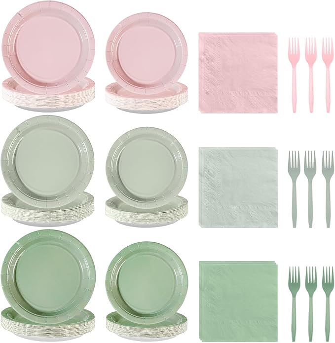 96Pcs Pink and Sage Green Birthday Party Decorations Pink Sage Green Dessert Plates and Napkins Sets Boho Bridal Shower Decorations for Girls Baby Shower Wedding Birthday Party Supplies Serves 24